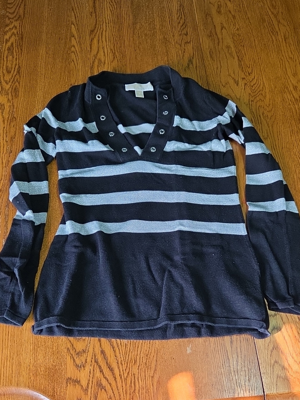 Michael Kors Black and Light Gray Striped V‑Neck Sweater with Grommet Detail